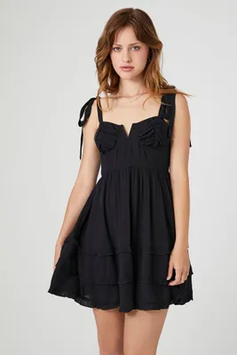 Women's Tie-Strap Tiered Babydoll Dress in Black Small