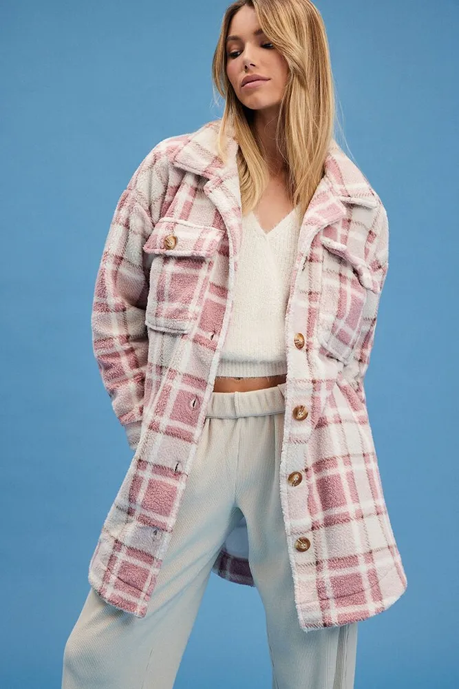 Women's Plaid Faux Shearling Longline Jacket in Pink Medium