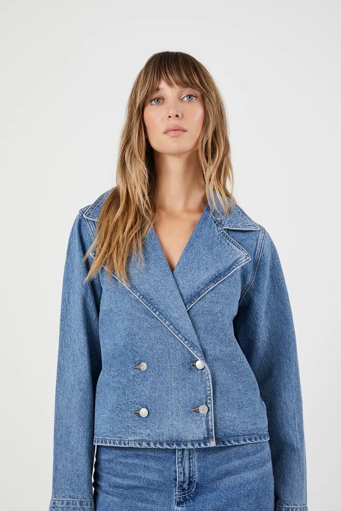 Women's Denim Double-Breasted Trench Jacket in Medium Denim Small