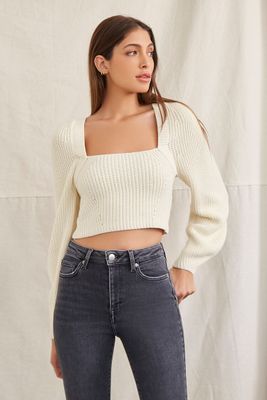 Women's Rib-Knit Cropped Sweater in Cream Medium