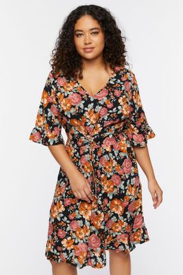 Women's Floral Print Mini Dress in Black, 0X