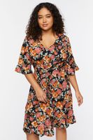 Women's Floral Print Mini Dress in Black, 0X