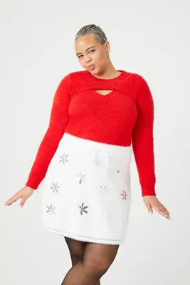 Women's Sequin Snowflake Mini Skirt in Red/White, 3X