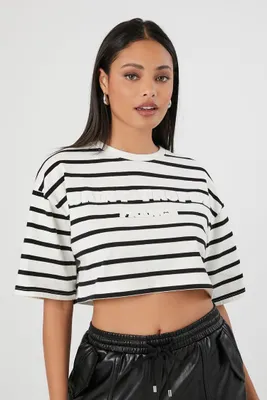 Women's Striped France Cropped T-Shirt in Cream/Black Small