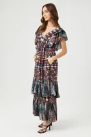 Women's Ornate Floral Tiered Ruffle Maxi Dress in Blue/Orange Small