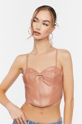 Women's Faux Leather Cutout Bustier Top in Cocoa Large