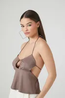 Women's Tie-Back Cutout Halter Cami in Taupe Large