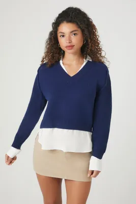 Women's Collared Combo Sweater in Blue/White Small