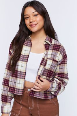 Women's Cropped Plaid Flannel Shirt in Merlot Large