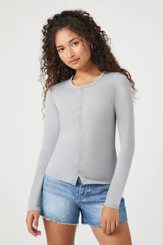 Women's Button-Front Long-Sleeve Top in Harbor Grey Small