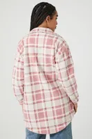 Women's Plaid Faux Shearling Longline Jacket in Pink Medium