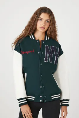 Women's New York Varsity Letterman Bomber Jacket in Green Medium
