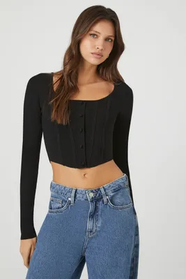 Women's Sweater-Knit Seam Crop Top in Black Medium