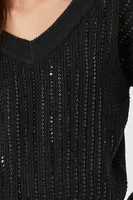 Women's Sequin V-Neck Sweater in Black/Silver Small