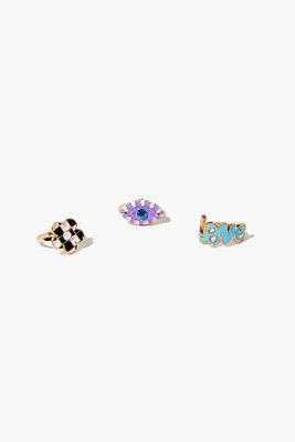 Women's Flower & Evil Eye Ring Set in Purple/Gold, 7