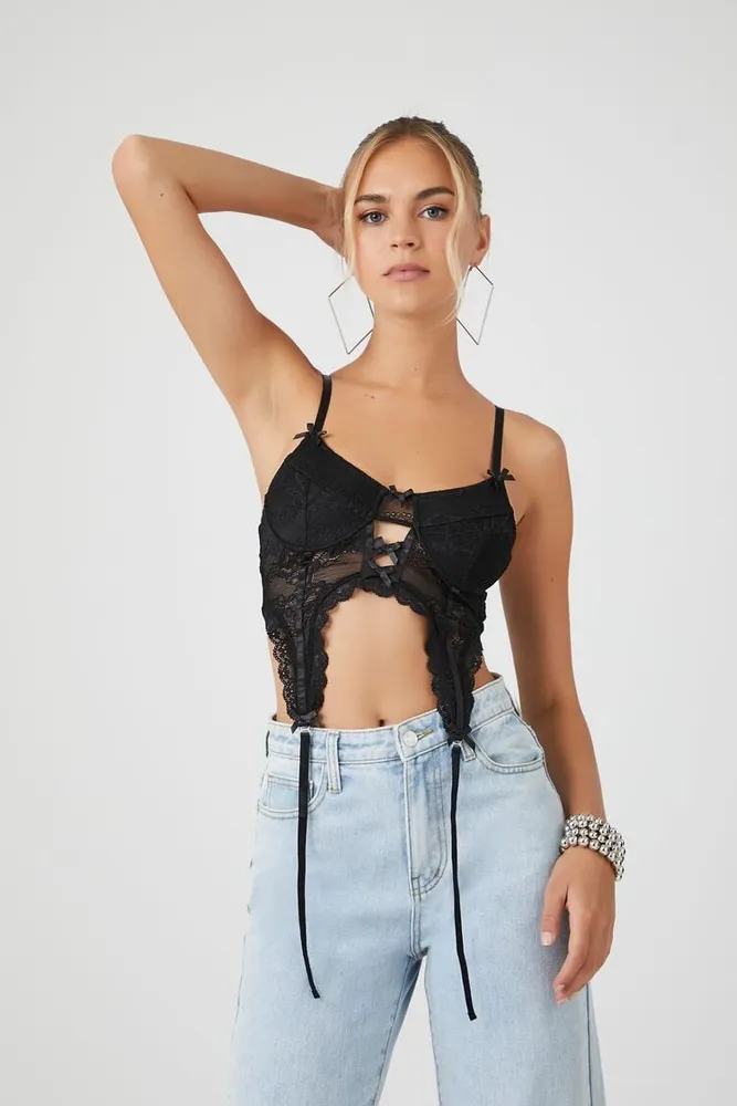 Forever 21 Women's Lace Ribbon Cropped Cami Black