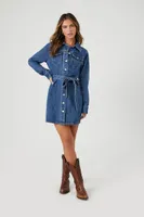 Women's Tie-Front Denim Mini Shirt Dress in Medium Denim Small