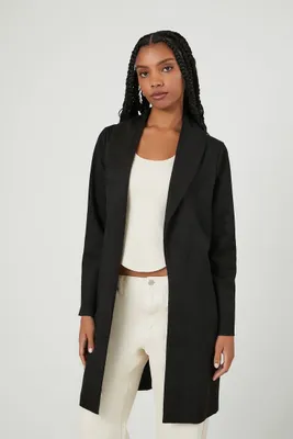 Women's Faux Suede Open-Front Trench Coat in Black Medium