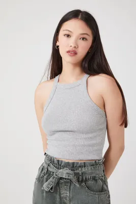 Women's Ribbed Knit Cropped Tank Top in Heather Grey, XL