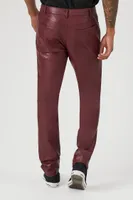 Men Faux Leather Slim-Fit Pants in Burgundy, 32