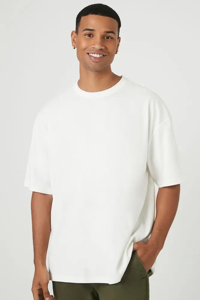 Men Cotton Crew High-Low Hem T-Shirt in White Small