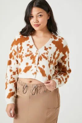 Women's Cropped Cow Print Cardigan Sweater