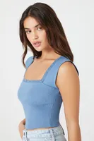 Women's Lace-Trim Sleeveless Crop Top in Dusty Blue Small