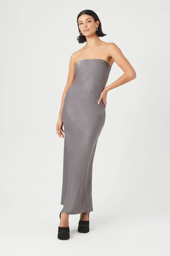 Women's Satin Strapless Maxi Dress in Charcoal Small