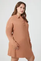 Women's Waffle Knit Shirt Mini Dress in Camel, 2X