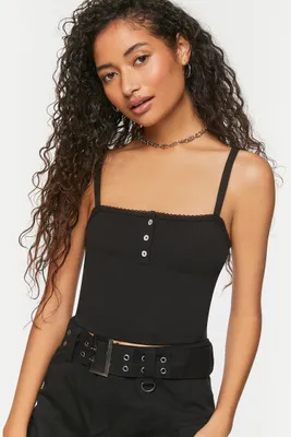Women's Ribbed Half-Button Cropped Cami in Black Medium