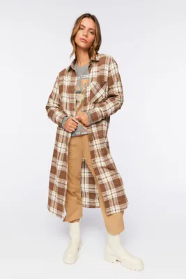 Women's Plaid Flannel Longline Tunic in Brown, XS