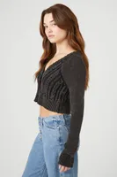 Women's Cropped Mineral Wash Cardigan Sweater in Black Large