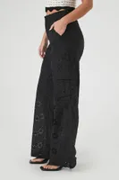 Women's Floral Eyelet Cargo Pants in Black Large