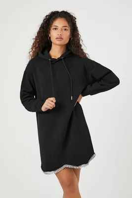 Women's Fleece Faux Gem-Trim Hoodie Dress in Black, XS