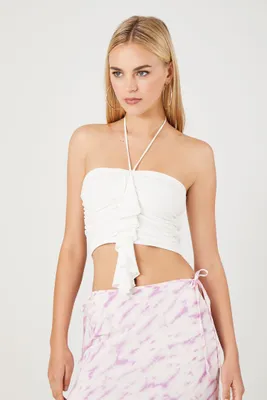 Women's Ruffle Cropped Halter Top in White, XL