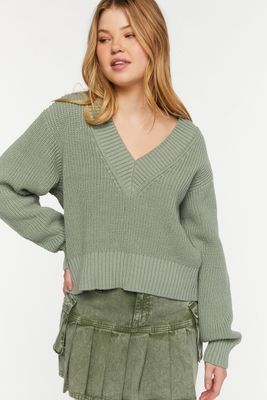 Women's Purl Knit V-Neck Sweater in Sage, XS