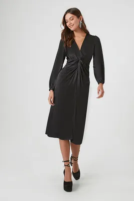 Women's Satin Twist-Front Midi Dress in Black Small