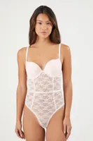 Women's Floral Lace Mesh Lingerie Bodysuit in Powder Pink Large