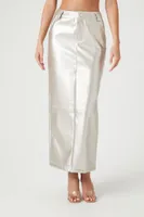 Women's Metallic Faux Leather Maxi Skirt in Silver Medium