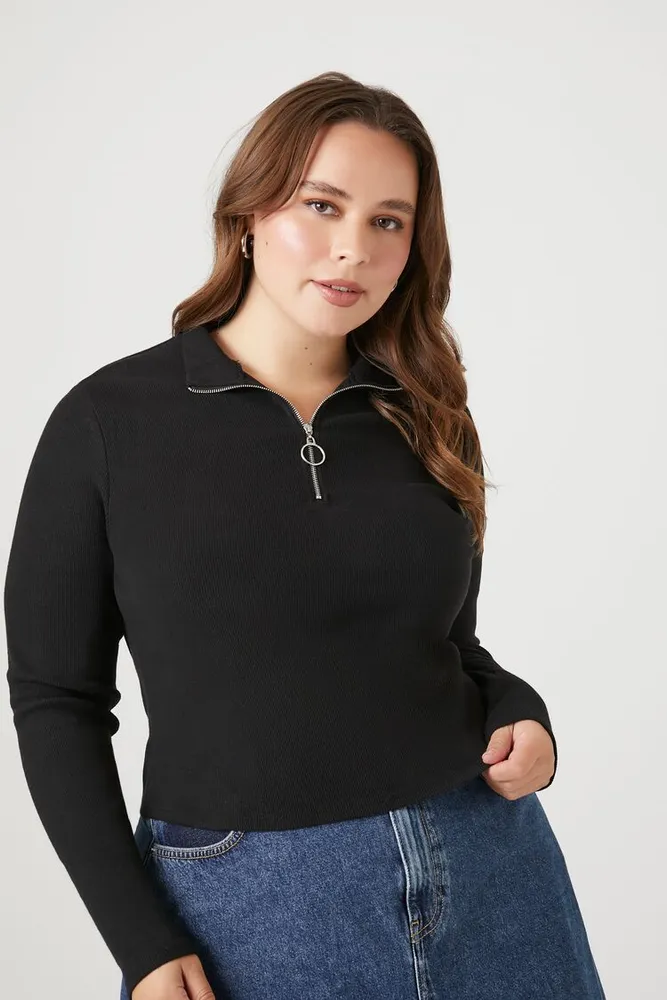 Women's Half-Zip Crop Top in Black, 1X