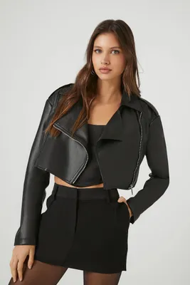 Women's Faux Leather Cropped Moto Jacket in Black Small