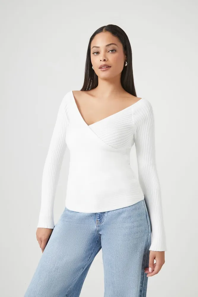 Women's Ribbed Surplice Sweater in White, XS