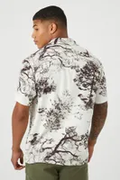 Men Twill Tree Print Shirt in Cream/Cocoa Medium