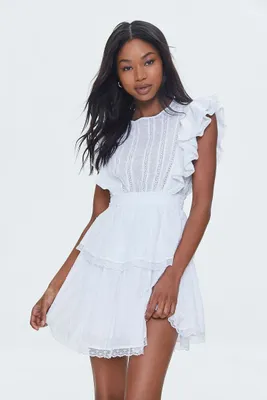 Women's Clip Dot Lace Ruffled Mini Dress in White Large