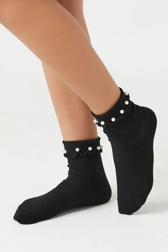 Faux Pearl Crew Socks in Black