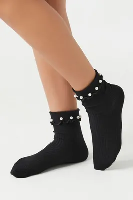 Faux Pearl Crew Socks in Black