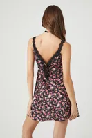 Women's Floral Print Satin Mini Dress in Black Medium