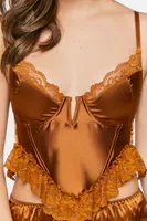 Women's Satin Lace-Trim Lingerie Corset in Root Beer Small