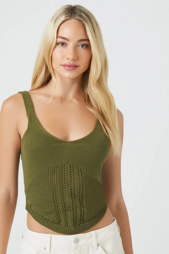 Women's Crochet Sweater-Knit Tank Top in Olive Small