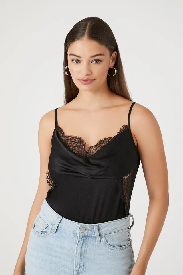 Forever 21 Women's Satin Lace-Trim Bodysuit in Black Small